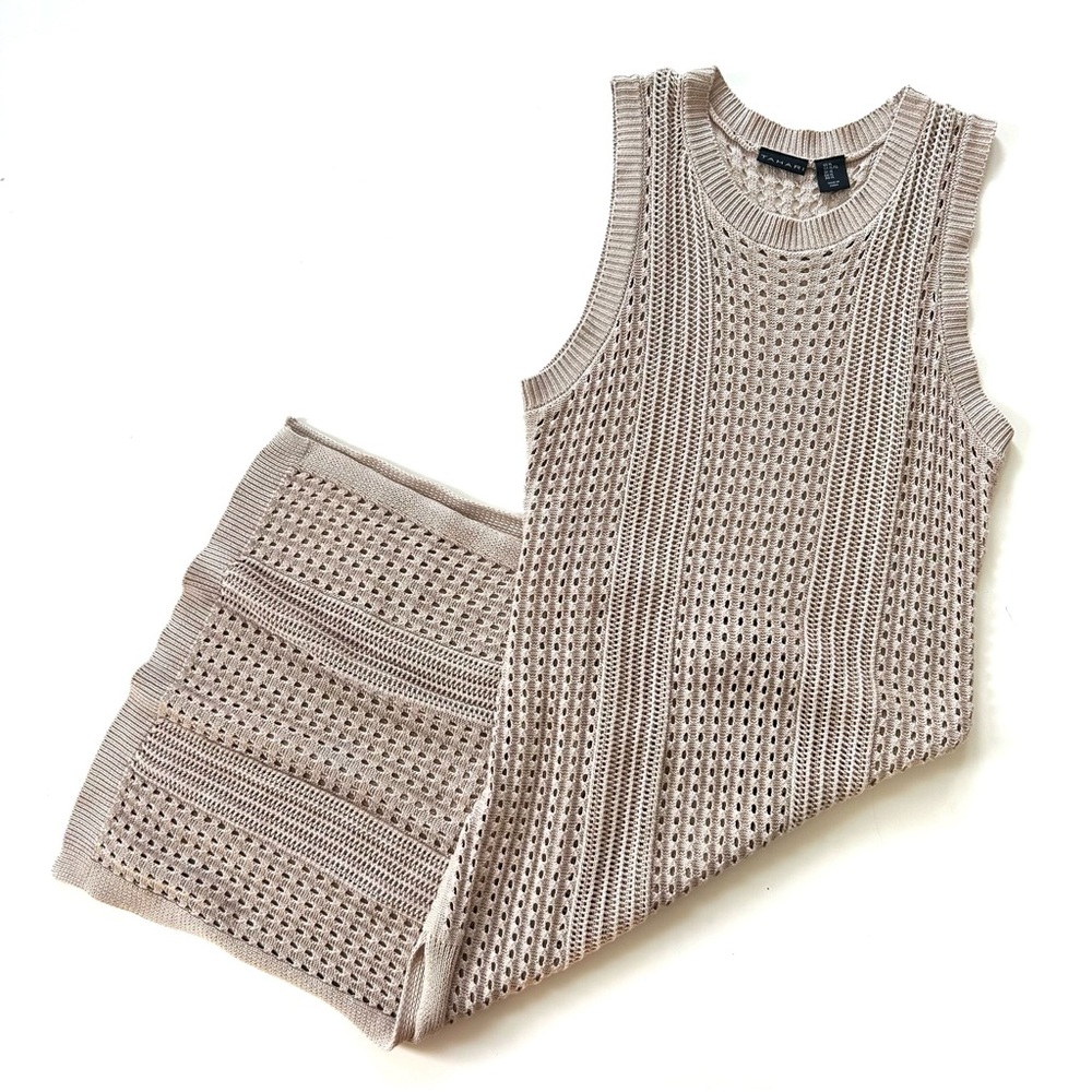 Tahari Tan Beige Cotton Blend Sleeveless Open Mesh Sweater Coverup Dress